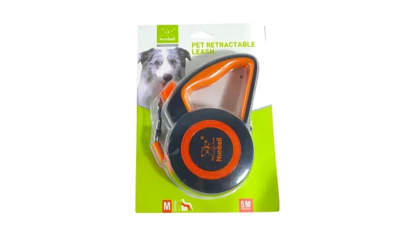 Samonavíjecí vodítko pro psy značky Nunbell v červené barvě, délka 5 metrů, velikost M, vhodné pro psy do 10 kg, balení s obrázkem psa.