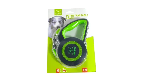 Samonavíjecí vodítko pro psy značky Nunbell v zelené barvě, délka 5 metrů, velikost M, vhodné pro psy do 10 kg, balení s obrázkem psa.