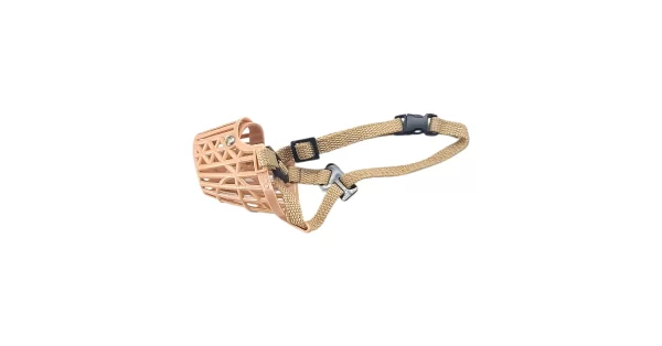 Plastový náhubek pro psa s nastavitelnými popruhy, obvod čumáku 33–36 cm, délka popruhů 51–58,5 cm, šířka 1 cm