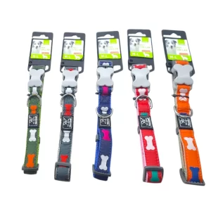 Textilní obojek pro psy Nunbell s výšivkou kostiček, různé barvy, zelelný, šedý, modrý, růžový, oranýový, velikost M–L