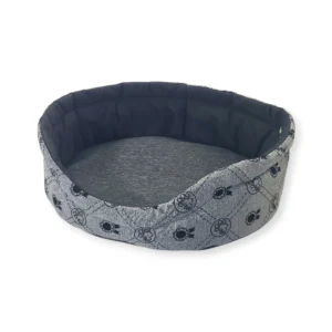 Kulaté pelíšky pro psy, šedý s motivem psí hlavičky – velikost 52×42×13 cm