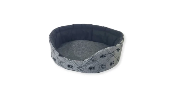 Kulaté pelíšky pro psy, šedý s motivem psí hlavičky – velikost 52×42×13 cm