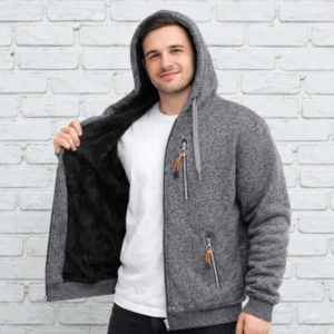 Zateplená pánská mikina na zip s kožíškem nadměrné velikosti oranžový zip